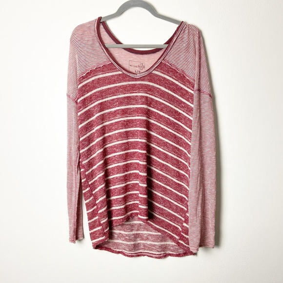 Free People Tops - FP • Oversized Red Knit V Neck Striped Top Sz L